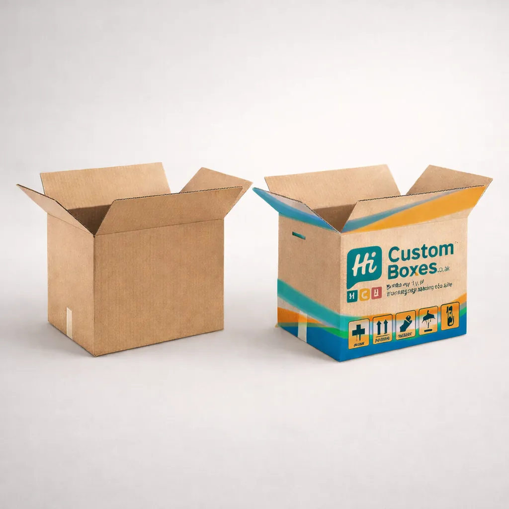 Two open brown cardboard shipping cartons, one plain and one featuring colourful 